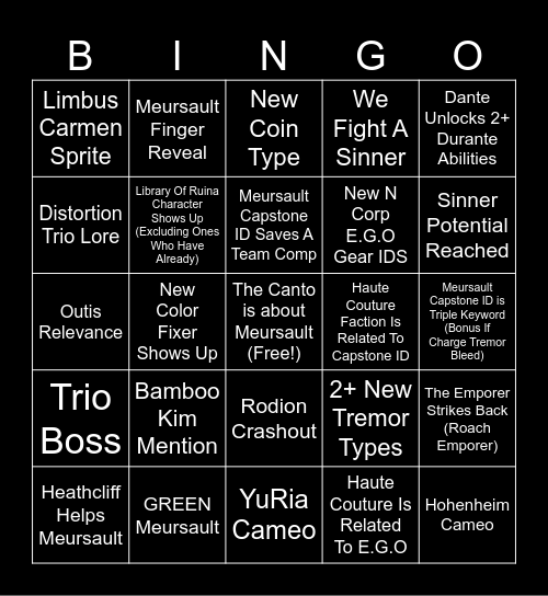 Canto 10/Season 8 Bingo Card