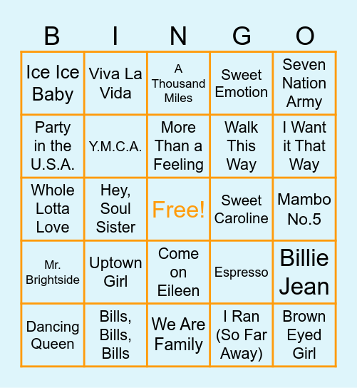 Julia's NYC Marathon Fundraiser - Music Bingo! Bingo Card
