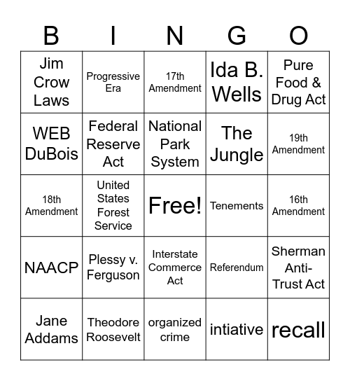 Unit 3 - The Progressives BINGO Card