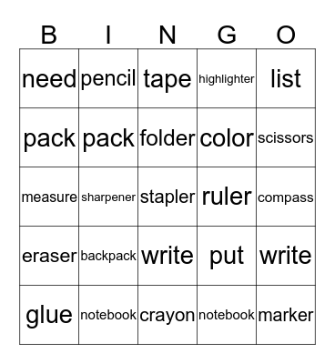 School Items Bingo !  Bingo Card