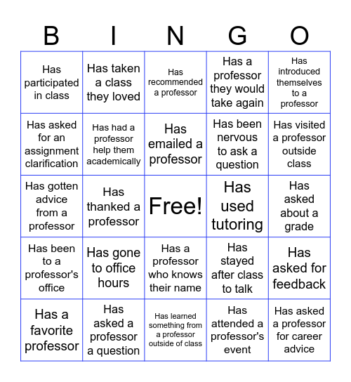 Connecting With Your Professor Bingo Card