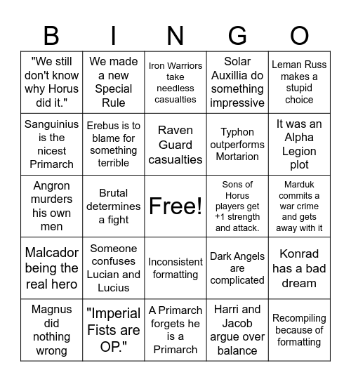 Horus Heresy Bingo Card