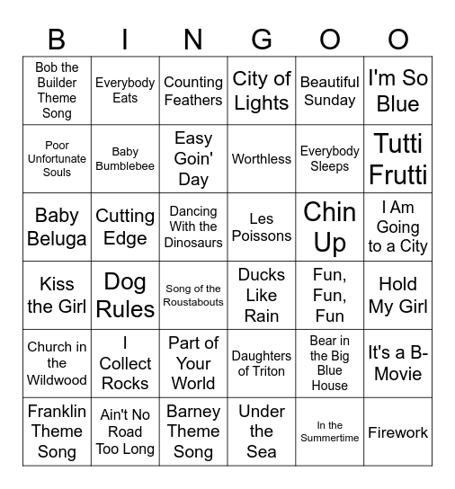 Katelyn's Favourite Songs Bingo Card