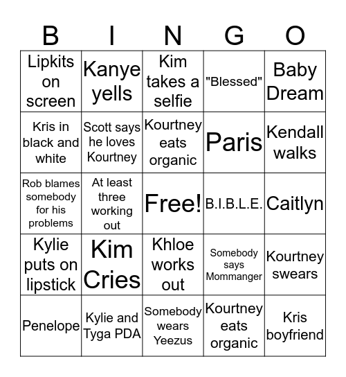 Kardashian Bingo  Bingo Card
