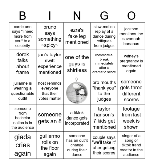 DWTS Week 2 Bingo 2026 Bingo Card
