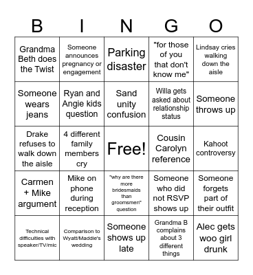 Dressler Wedding Bingo Card