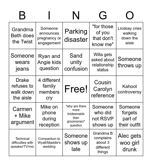 Dressler Wedding Bingo Card