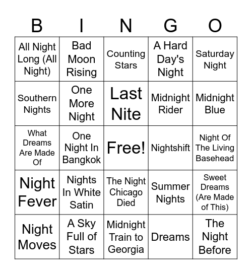 After Midnight Bingo Card