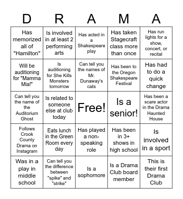Drama Club Bingo Card