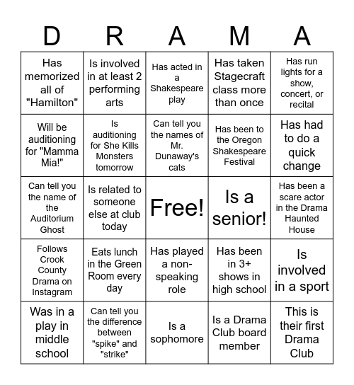 Drama Club Bingo Card