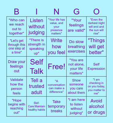 Suicide Prevention Month Bingo Card