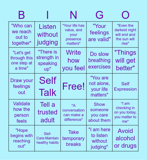 Suicide Prevention Month Bingo Card