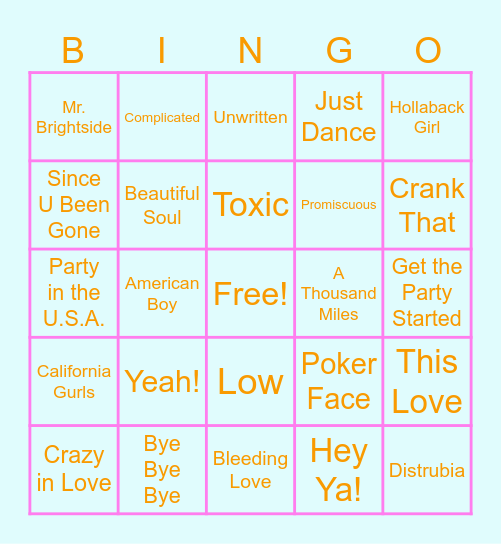 Julia's NYC Marathon Fundraier - Music Bingo! Early 2000s Bingo Card