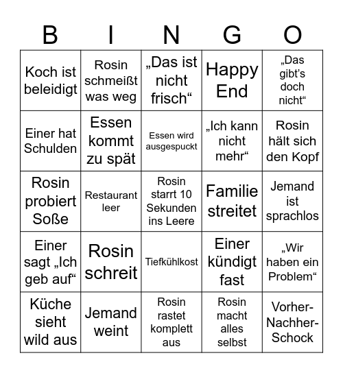 Rosins Restaurants Bingo Card