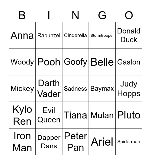 Disneyland Characters Bingo Card