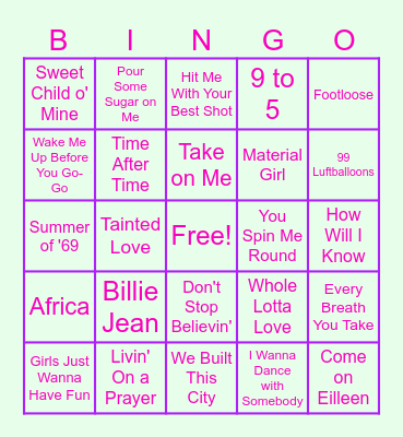 Julia's NYC Marathon Fundraiser - Music Bingo! 80s Bingo Card