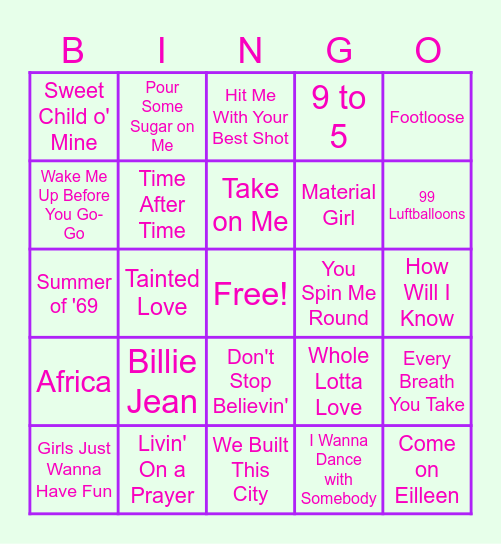 Julia's NYC Marathon Fundraiser - Music Bingo! 80s Bingo Card