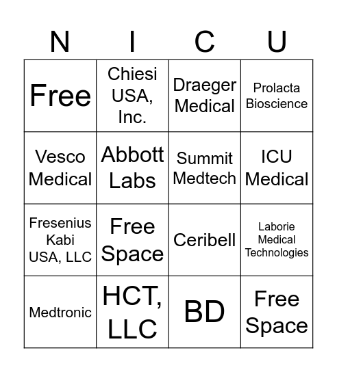 Live Lives: Big Impact NICU Vendor Bingo Card