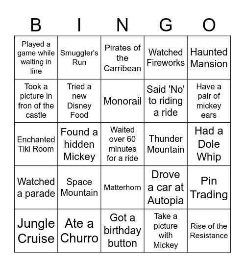 Disneyland - Things to Do Bingo Card