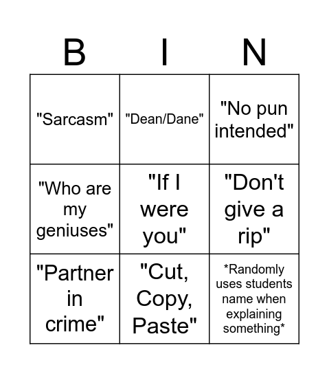 Mr Martin Class Bingo Card