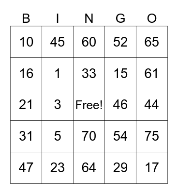 Tabla 1 Bingo Card