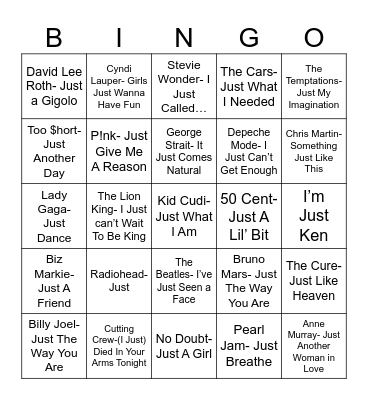 Radio Bingo A "Just" Cause Bingo Card