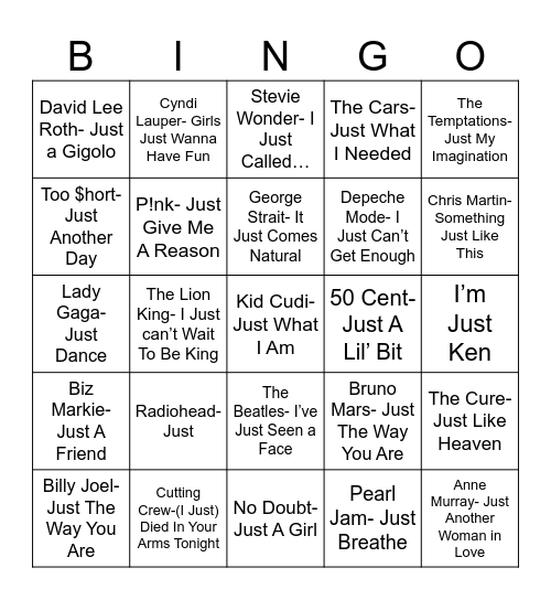 Radio Bingo A "Just" Cause Bingo Card