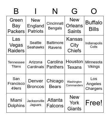 NFL BINGO Card