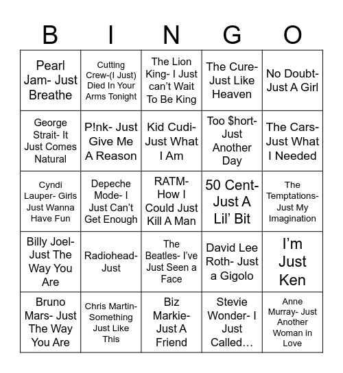 Radio Bingo A "Just" Cause Bingo Card