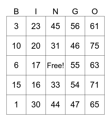 Table 1 Bingo Card