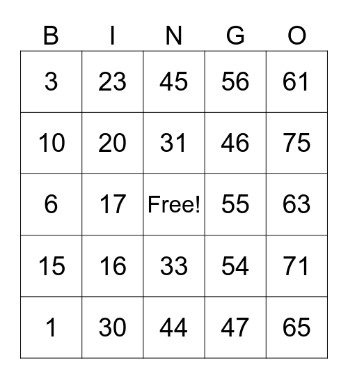 Table 1 Bingo Card