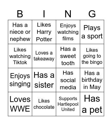 Things I like Matching Game Bingo Card