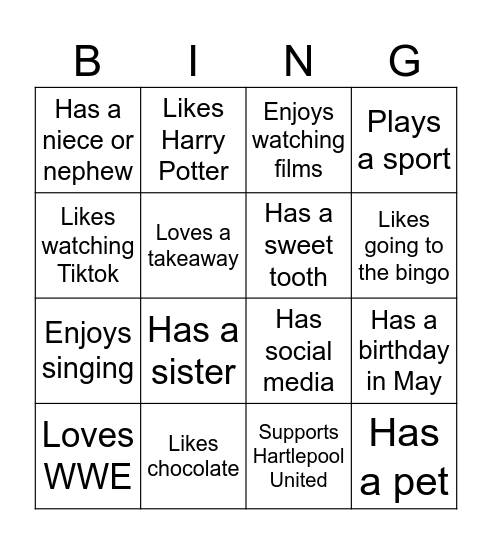 Things I like Matching Game Bingo Card