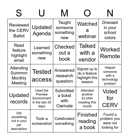 Summon Bingo Card