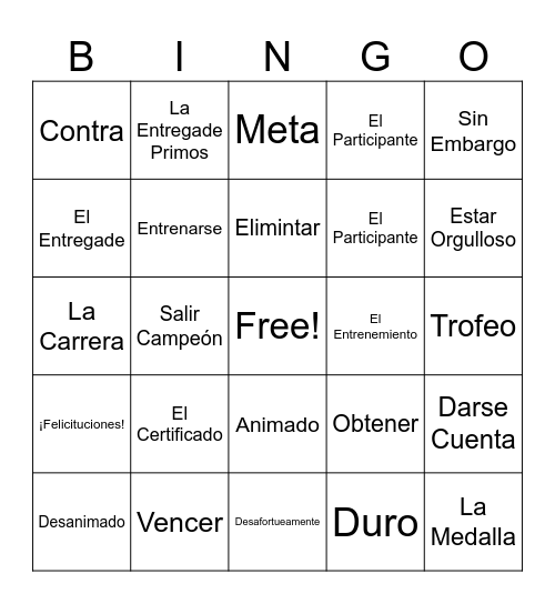1-2 Spanish Vocab Bingo Card