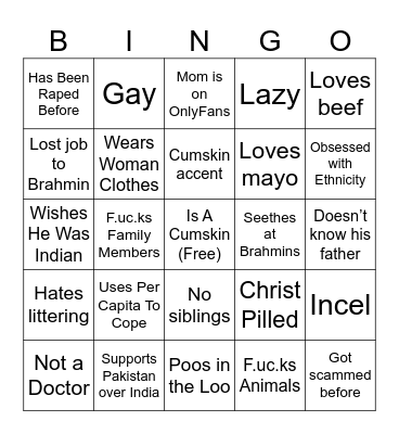 Cumskin Bingo Card