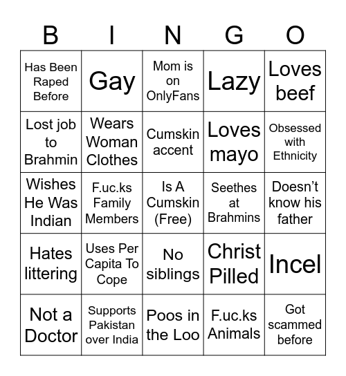 Cumskin Bingo Card