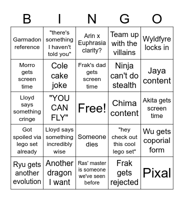 Ninjago Dragon's Rising Season 4 Part 2 Bingo Card