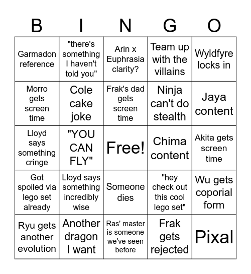 Ninjago Dragon's Rising Season 4 Part 2 Bingo Card
