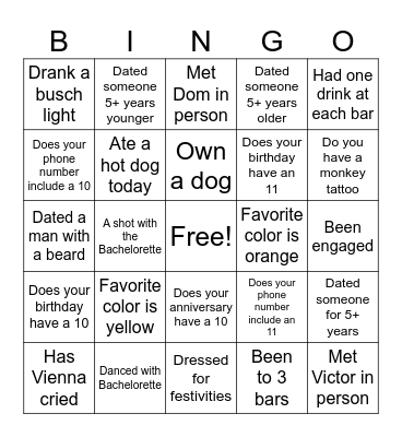 Vienna's Bachelorette Bingo Card