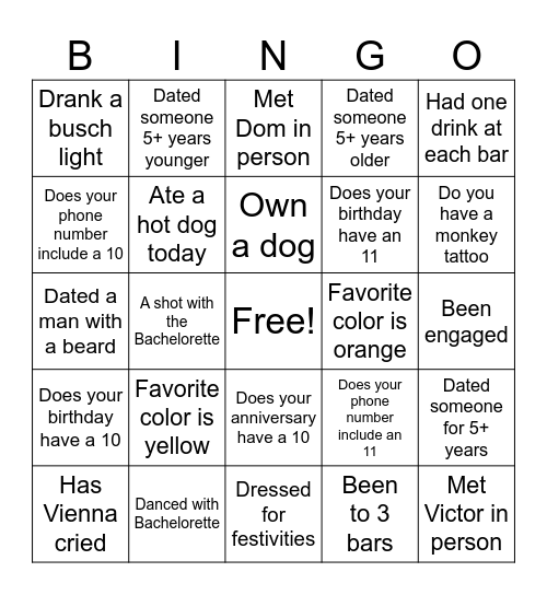 Vienna's Bachelorette Bingo Card