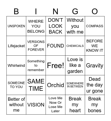 All songs of Matt Hansen! Bingo Card