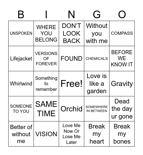 All songs of Matt Hansen! Bingo Card