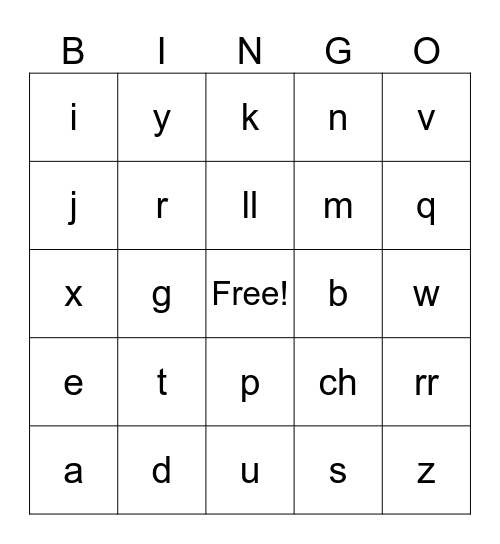 Spanish Alphabet Bingo Card