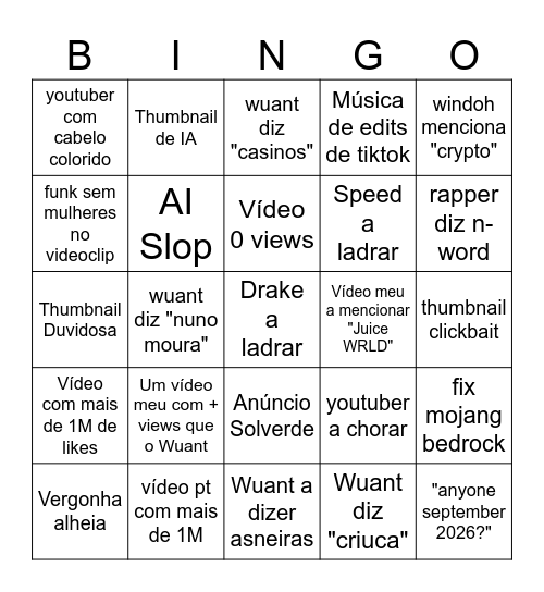 Youtube Bingo Card