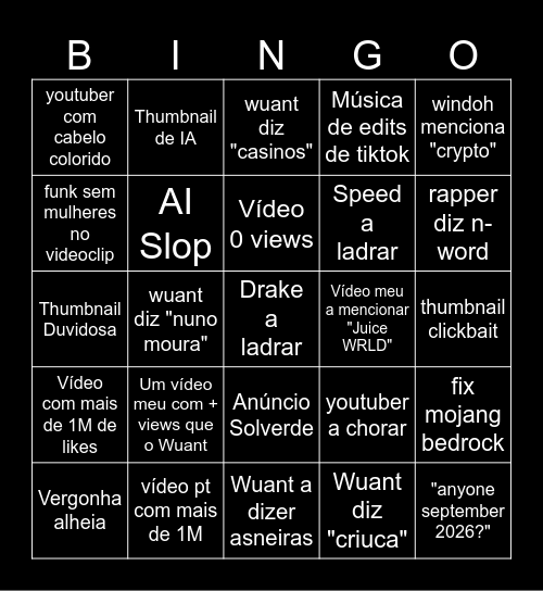 Youtube Bingo Card
