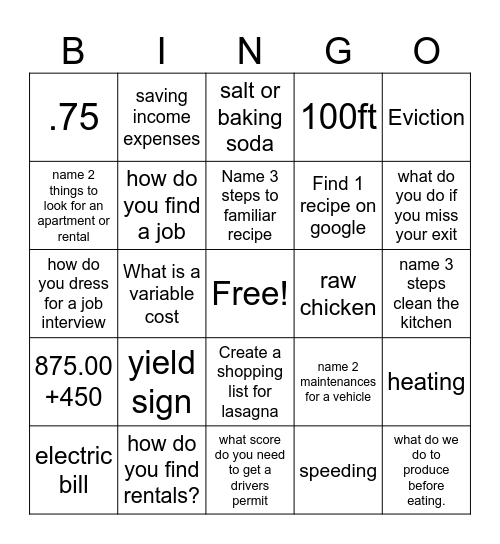 IADL Bingo Card