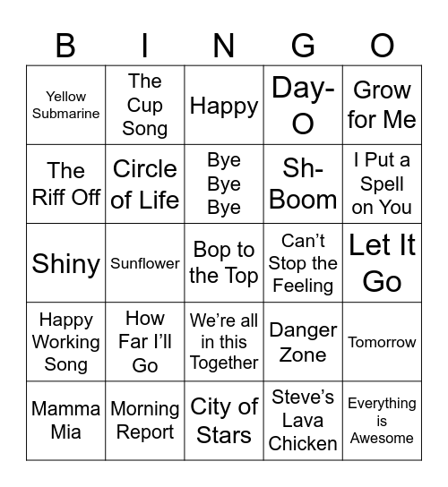 Movie Bingo- Songs Bingo Card