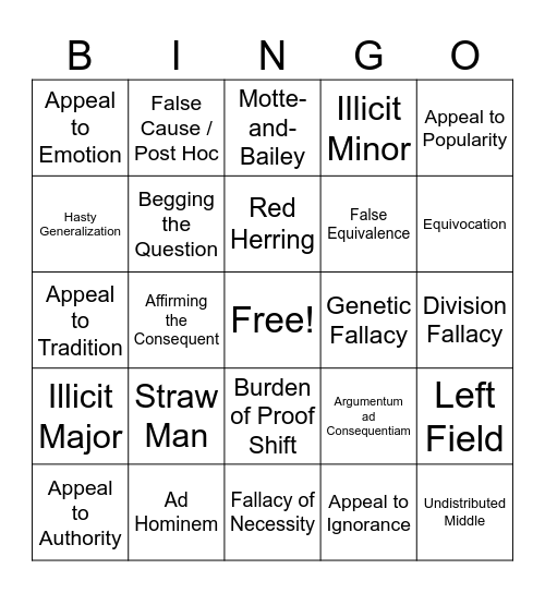 Logical Fallacy Bingo Card