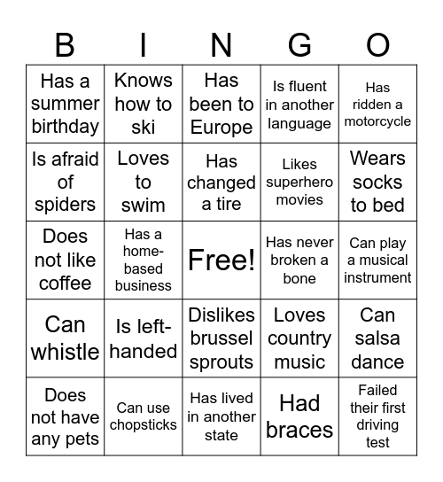 Icebreaker Bingo Card